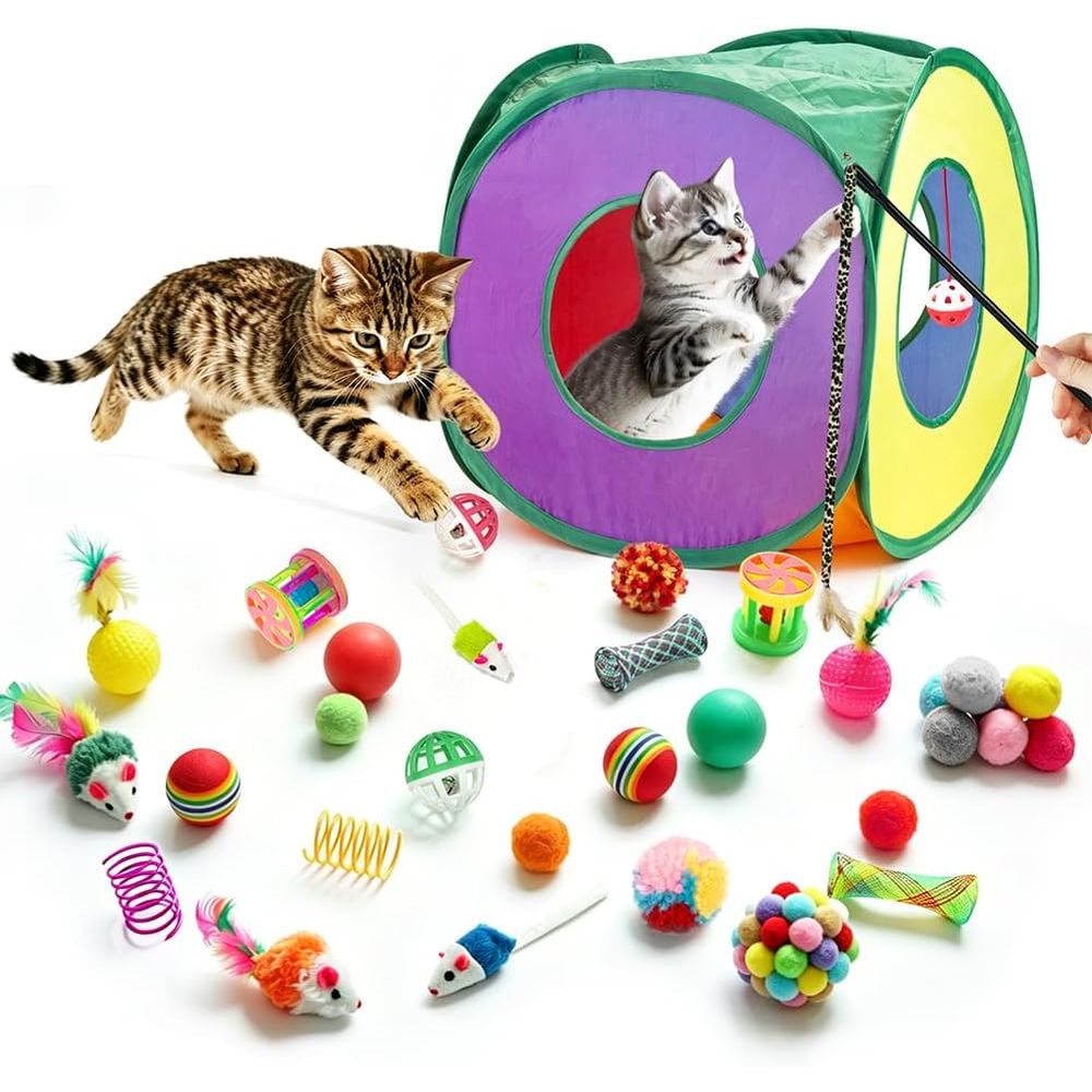 Cat Tunnel Toy - 33個入り 猫用おもちゃ 室内猫用 折りたたみ式キティトンネルテント 羽根付きティーザーワンド、スプリングボール、マウス付き 知育玩具